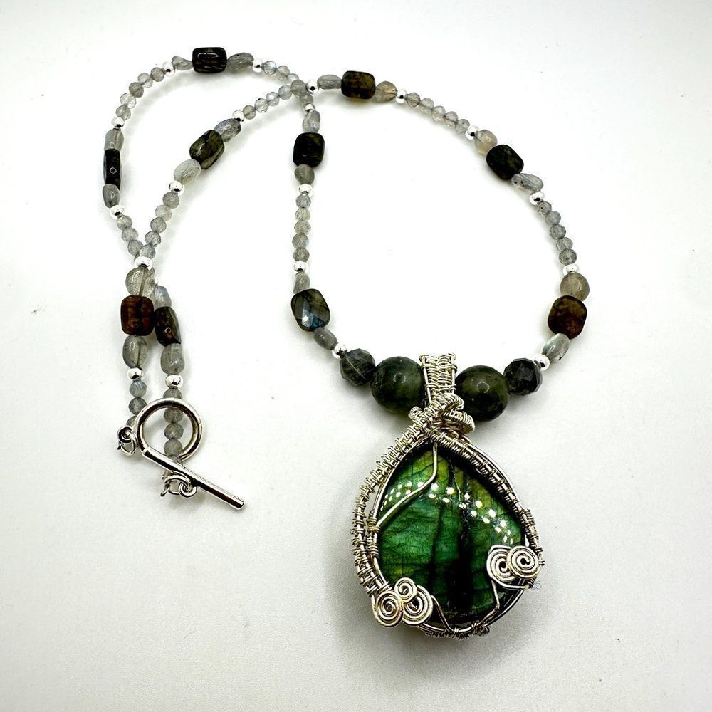 20" Artisan crafted all solid labradorite necklace with wire wrapped pendant!